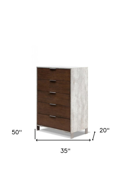 35" Dark Brown And Gray Wood Five Drawer Dresser