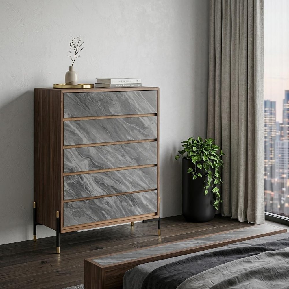 30" Walnut And Grey Manufactured Wood Five Drawer Chest