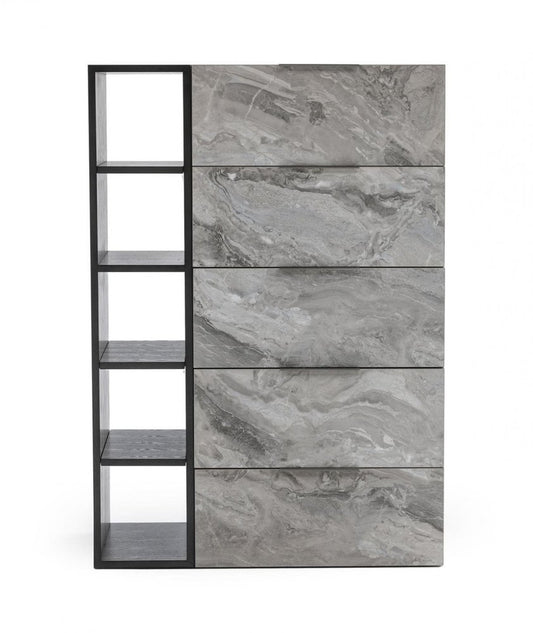 35" Gray Faux Marble And Wood Five Drawer Dresser