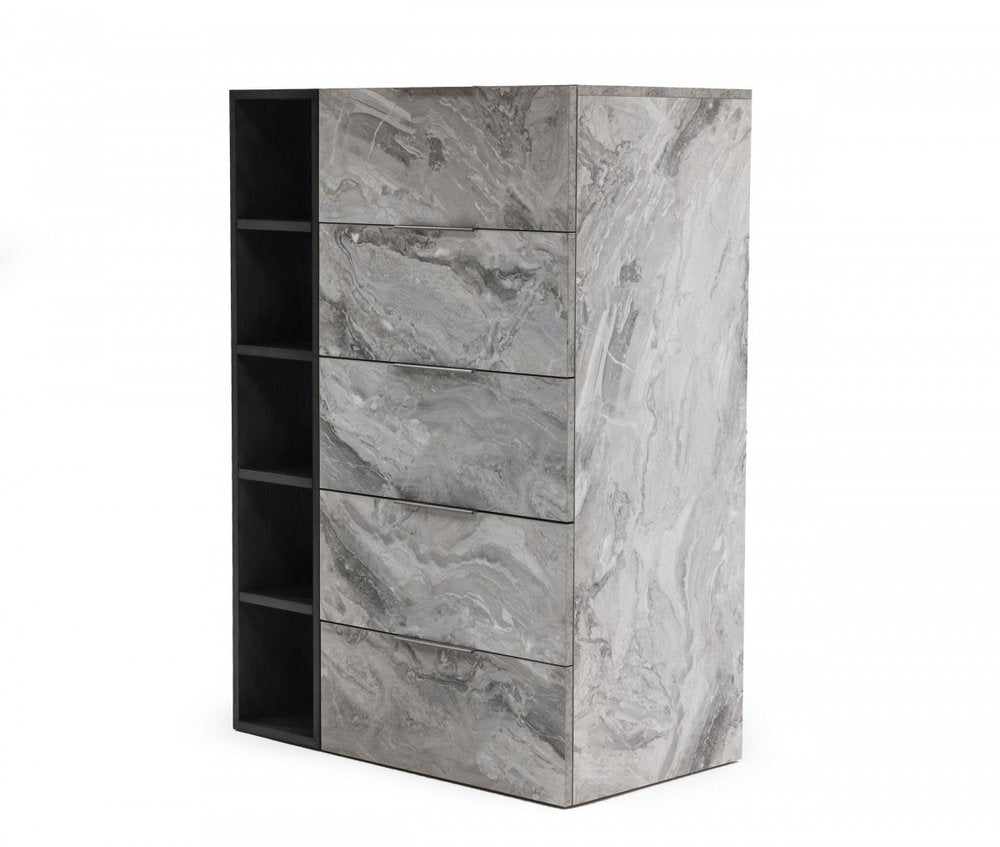 35" Gray Faux Marble And Wood Five Drawer Dresser