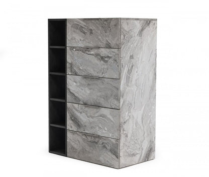 35" Gray Faux Marble And Wood Five Drawer Dresser