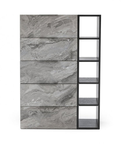 35" Gray Faux Marble And Wood Five Drawer Dresser