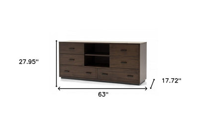 63" Dark Brown Wood Six Drawer Double Dresser