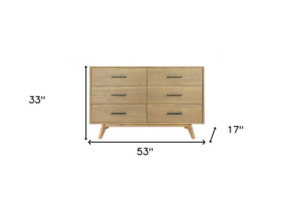 53" Walnut Solid Wood Six Drawer Double Dresser