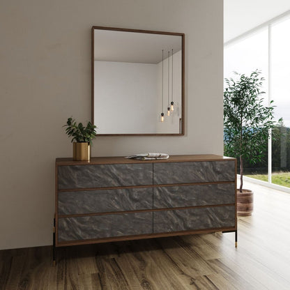 63" Brown And Gray Faux Marble And Wood Six Drawer Double Dresser