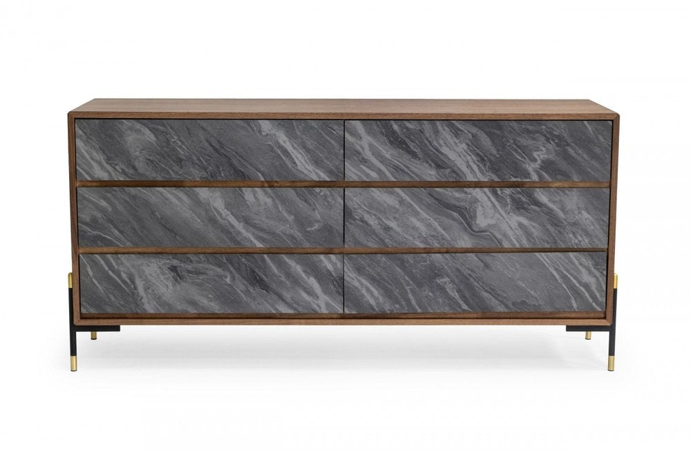 63" Brown And Gray Faux Marble And Wood Six Drawer Double Dresser