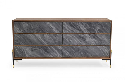 63" Brown And Gray Faux Marble And Wood Six Drawer Double Dresser