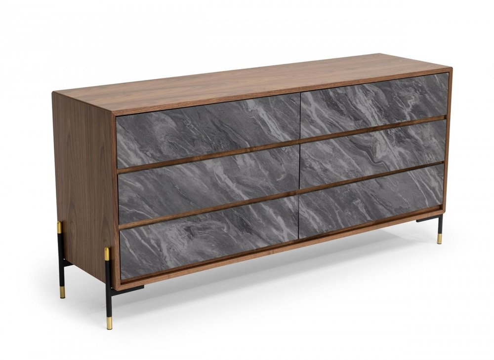 63" Brown And Gray Faux Marble And Wood Six Drawer Double Dresser