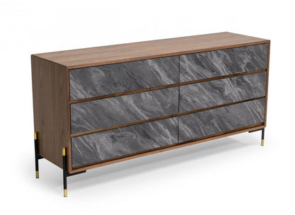 63" Brown And Gray Faux Marble And Wood Six Drawer Double Dresser
