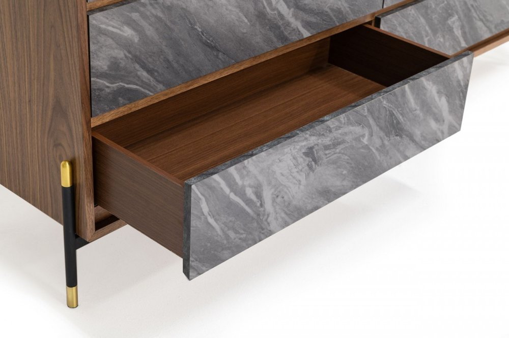 63" Brown And Gray Faux Marble And Wood Six Drawer Double Dresser