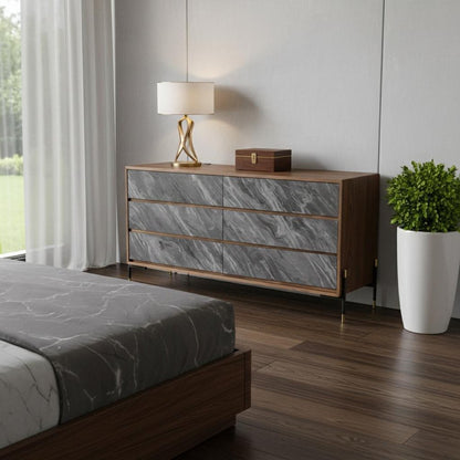63" Walnut And Grey Faux Marble Wood Six Drawer Double Dresser