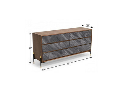 63" Walnut And Grey Faux Marble Wood Six Drawer Double Dresser