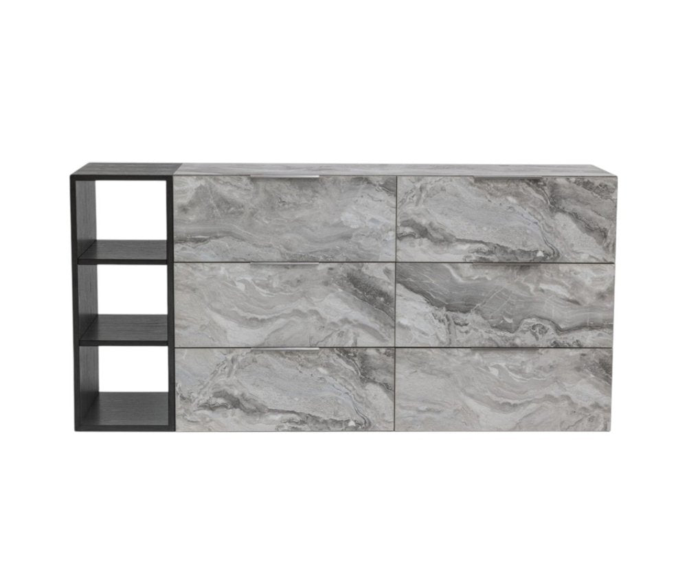 63" Grey Faux Marble and Black Wood Six Drawer Double Dresser