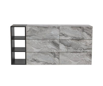 63" Gray Faux Marble And Wood Six Drawer Double Dresser