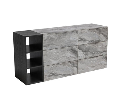 63" Gray Faux Marble And Wood Six Drawer Double Dresser
