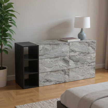 63" Gray Faux Marble And Wood Six Drawer Double Dresser