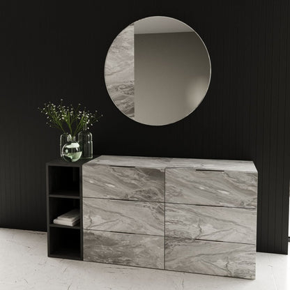 63" Gray Faux Marble And Wood Six Drawer Double Dresser