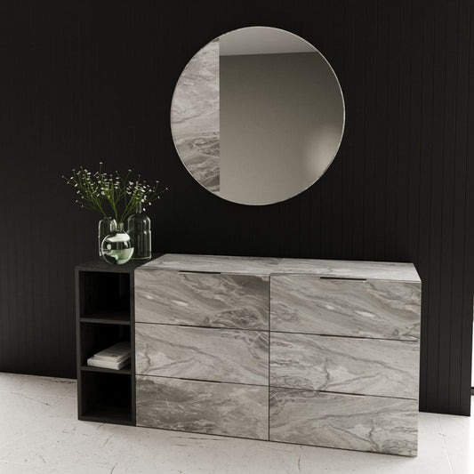 63" Gray Faux Marble And Wood Six Drawer Double Dresser