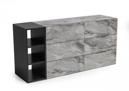 63" Grey Faux Marble and Black Wood Six Drawer Double Dresser