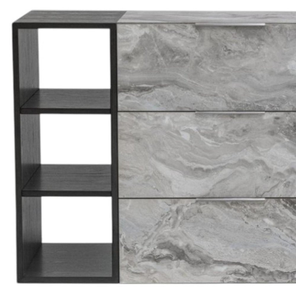 63" Grey Faux Marble and Black Wood Six Drawer Double Dresser