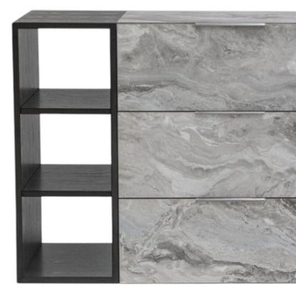 63" Grey Faux Marble and Black Wood Six Drawer Double Dresser