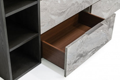 63" Gray Faux Marble And Wood Six Drawer Double Dresser