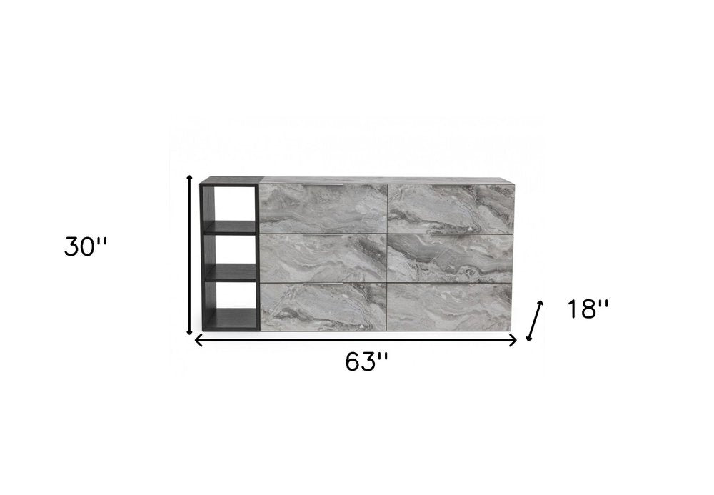 63" Gray Faux Marble And Wood Six Drawer Double Dresser