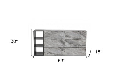 63" Gray Faux Marble And Wood Six Drawer Double Dresser