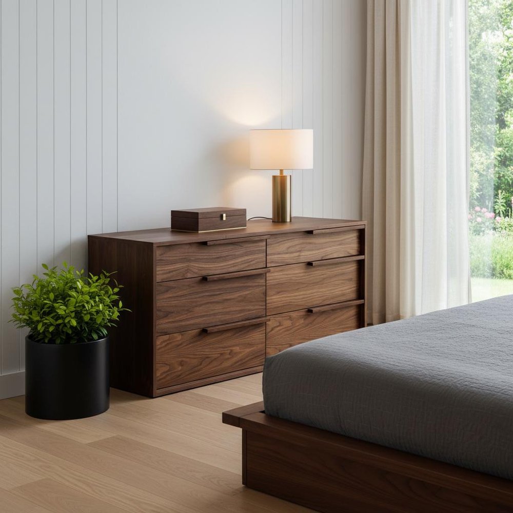 60" Walnut Manufactured Wood Six Drawer Double Dresser