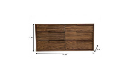 66" Brown Wood Six Drawer Double Dresser