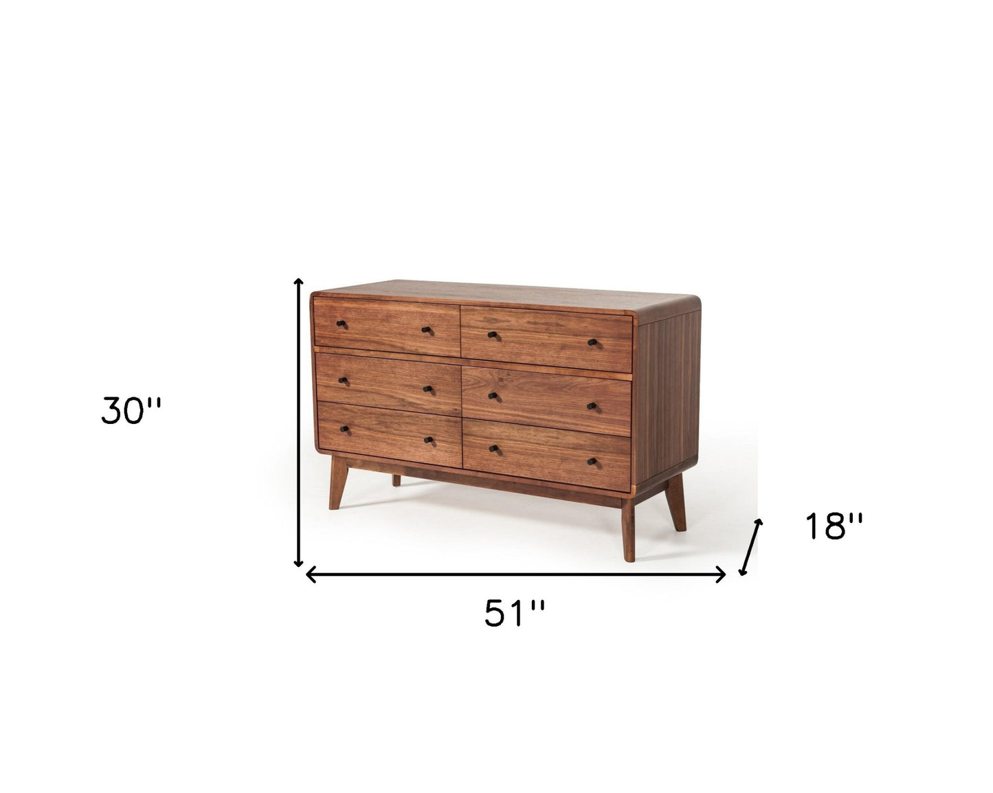 51" Walnut Solid Wood Six Drawer Double Dresser