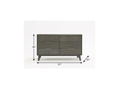 51" Grey Wash Solid Wood Six Drawer Double Dresser
