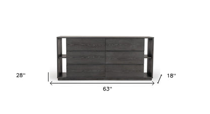 63" Grey Solid Wood Six Drawer Double Dresser