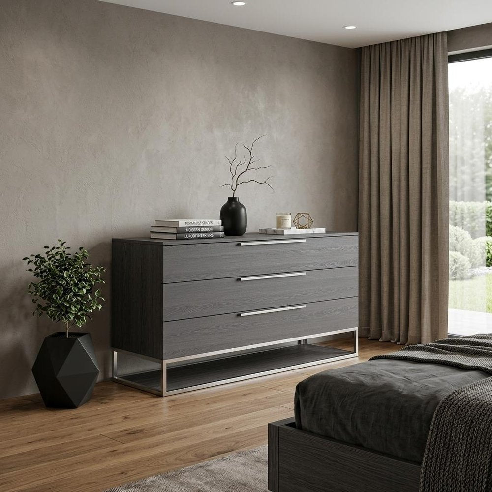 58" Grey Manufactured Wood Three Drawer Dresser