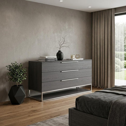 58" Grey Manufactured Wood Three Drawer Dresser