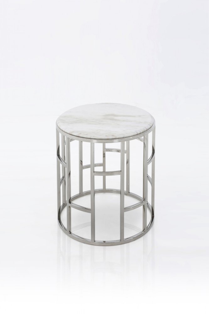 22" White And Silver Faux Marble And Stainless Steel Round Frame End Table