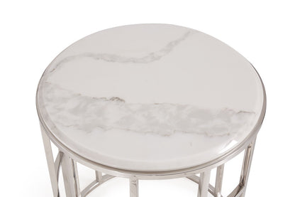 Stylish Silver And White Marble Round Geometric End or Side Table