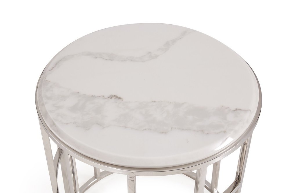 22" White And Silver Faux Marble And Stainless Steel Round Frame End Table