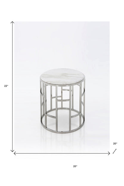 Stylish Silver And White Marble Round Geometric End or Side Table