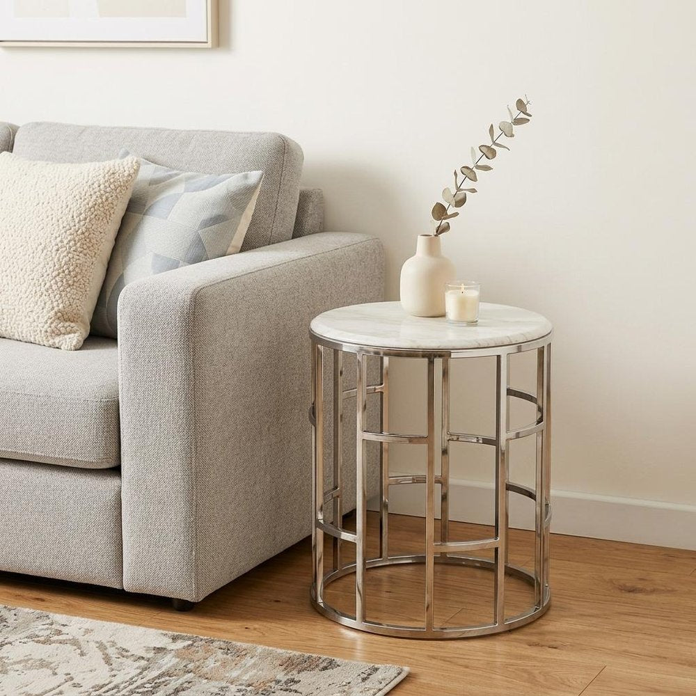 Stylish Silver And White Marble Round Geometric End or Side Table