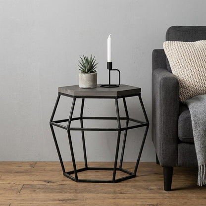 Modern Gray Concrete and Black Metal Hexagonal End Table