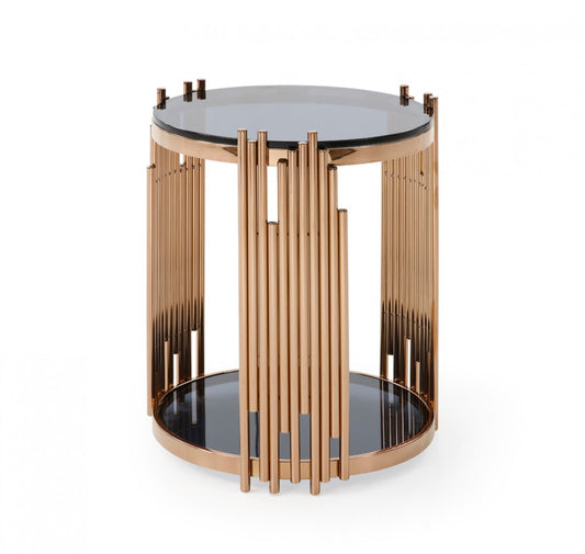 20" Rosegold And Black Glass And Stainless Steel Round End Table With Shelf