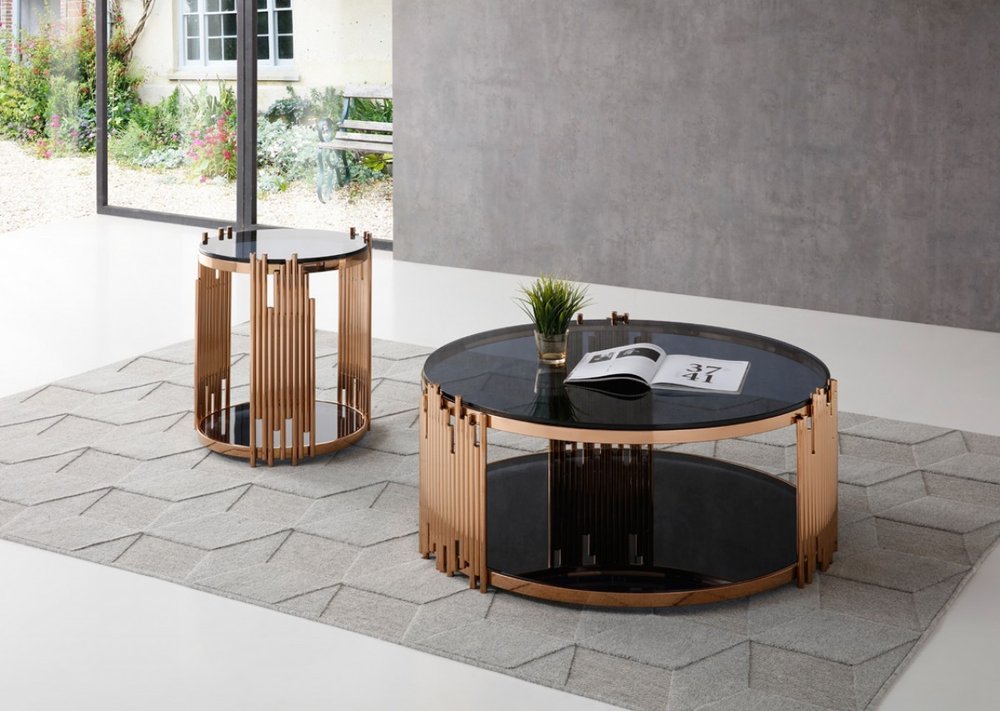 20" Rosegold And Black Glass And Stainless Steel Round End Table With Shelf