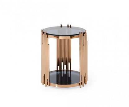 20" Rosegold And Black Glass And Stainless Steel Round End Table With Shelf