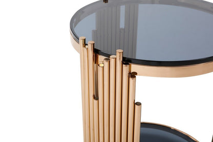 20" Rosegold And Black Glass And Stainless Steel Round End Table With Shelf