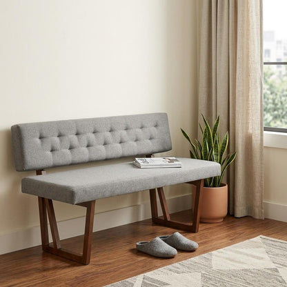 63" Gray And Brown Tufted Linen Blend And Solid Wood Upholstered Dining Bench