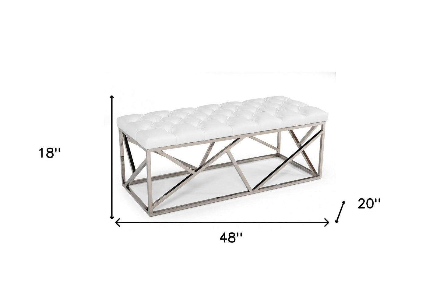 48" White and Silver Upholstered Faux Leather Bench