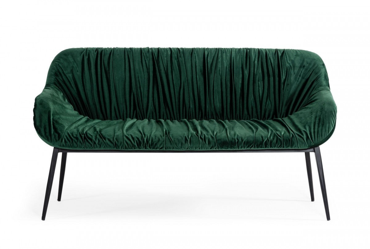 56" Green and Black Upholstered Velvet Dining Bench