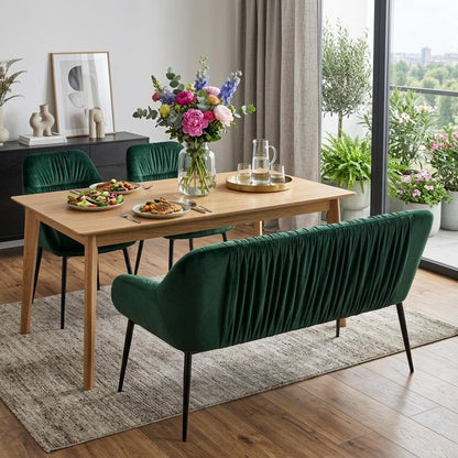 56" Green and Black Velvet Upholstered Dining Bench