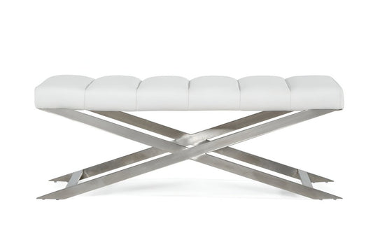 47" White and Silver Tufted Faux Leather Upholstered Dining Bench